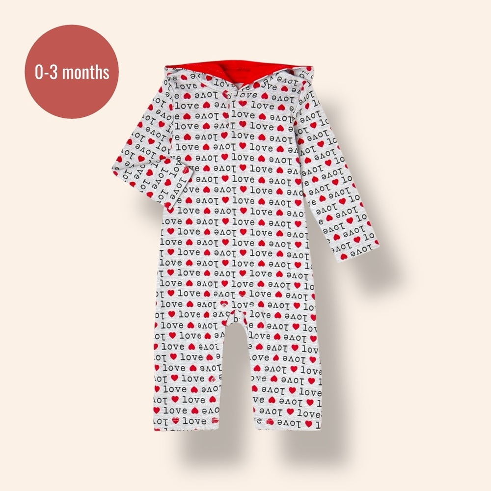 Love Print Hooded Romper | 0–3 M | Red & Gray Long Sleeve Zip One-Piece Outfit